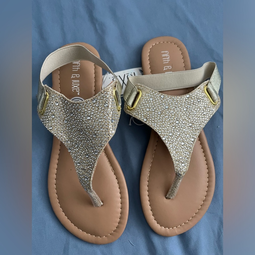 Gold sparkle stretchy T-strap sandals